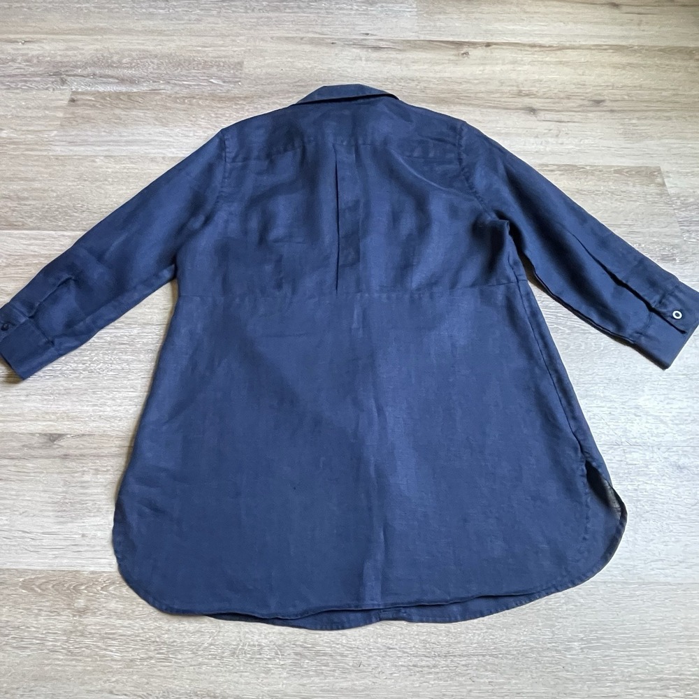 Chicos Linen Button Down Shirt No Iron Blouse Top Navy Blue 0 Roll Tab Sleeve - Picture 7 of 7